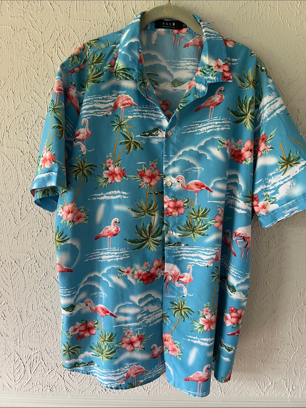 SSLR Men's Short-Sleeve Flamingo Print Button-Down Shirt - Blue